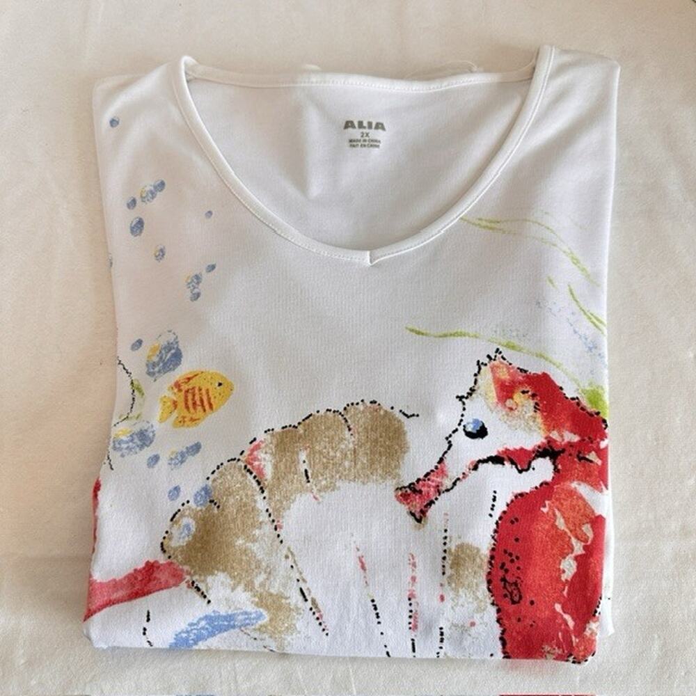Alia V-Neck 2XL Blouse Shirt White w/Seahorse Sealife Coral Reef Ocean Casual - Picture 4 of 16